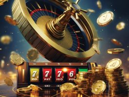 Alt: Casino wheel and coins floating in the air.
