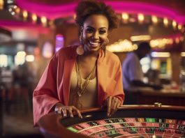 A Casino dealer by the table.